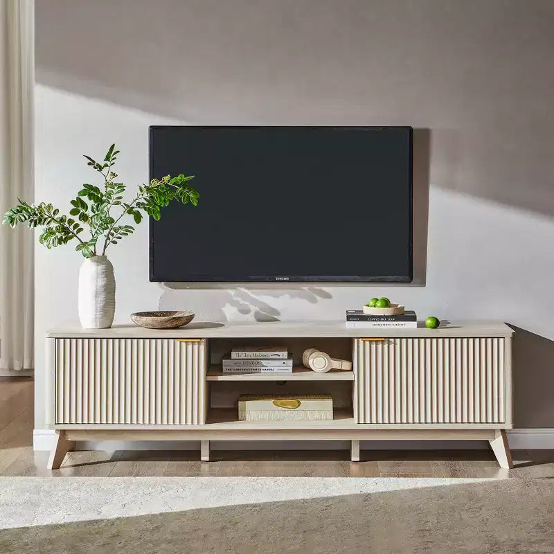 70" TV Stand Entertainment Center for TVs Up to 80", Wood Media Console with Open Storage & Side Cabinets