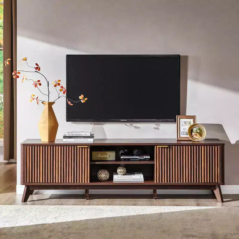 70" TV Stand Entertainment Center for TVs Up to 80", Wood Media Console with Open Storage & Side Cabinets