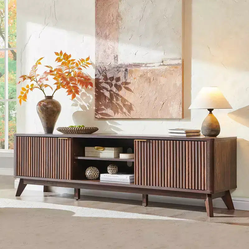 Modern 70 TV Stand, Entertainment Center for TVs Up to 80, Wood Media Console with Open Storage & Side Cabinets