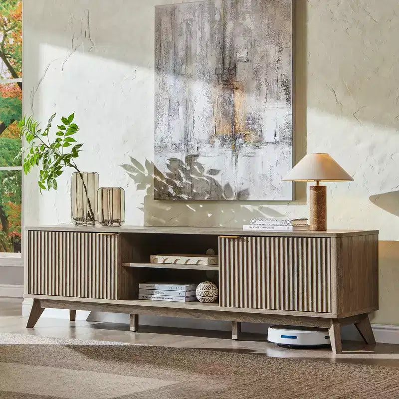 70" TV Stand Entertainment Center for TVs Up to 80", Wood Media Console with Open Storage & Side Cabinets