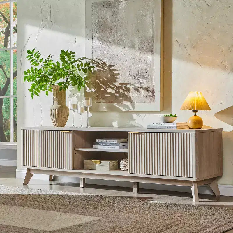 70" TV Stand Entertainment Center for TVs Up to 80", Wood Media Console with Open Storage & Side Cabinets