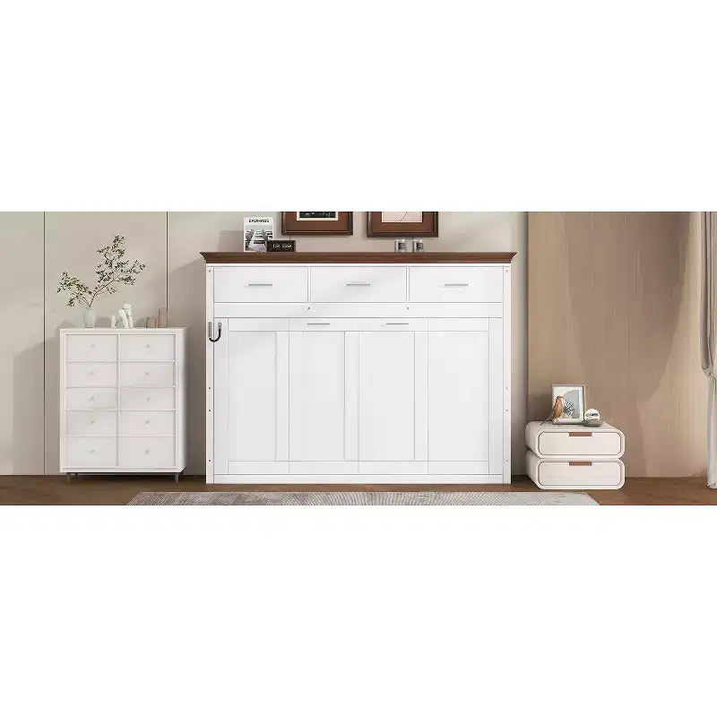 Twin Size Murphy Bed with 3 Drawers, Folding Wall Cabinet Bed, White