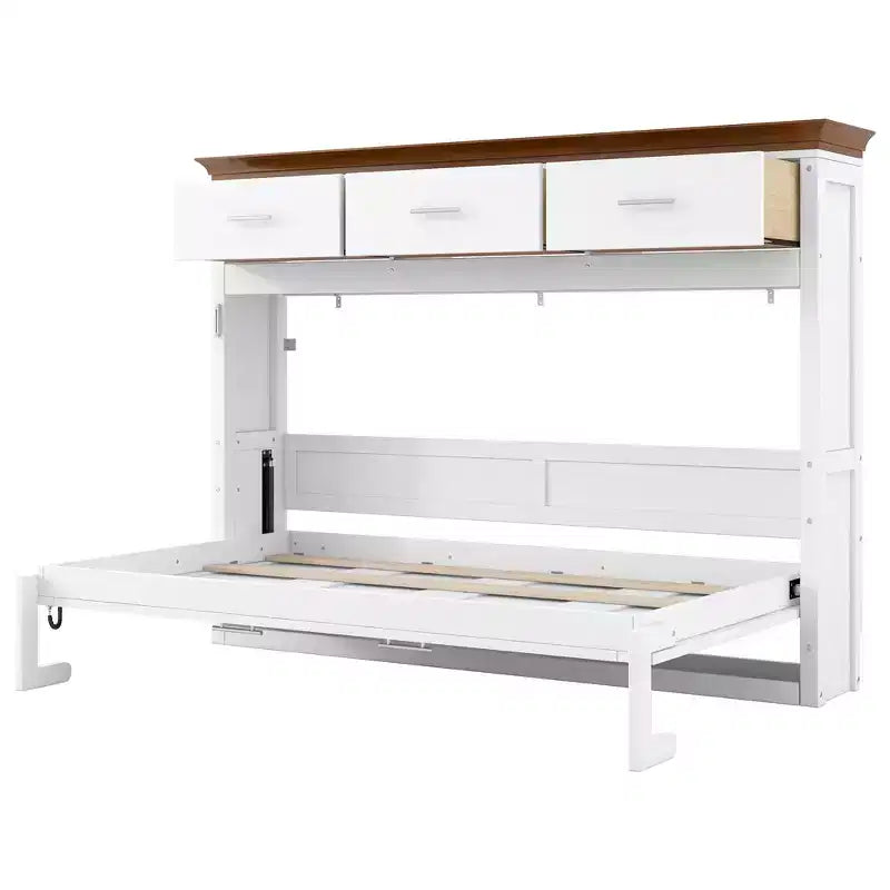 Twin Size Murphy Bed with 3 Drawers, Folding Wall Cabinet Bed, White