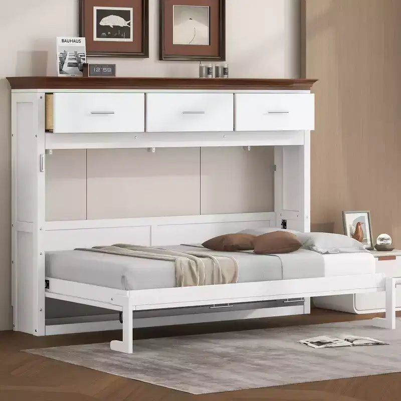 Twin Size Murphy Bed with 3 Drawers, Folding Wall Cabinet Bed, White