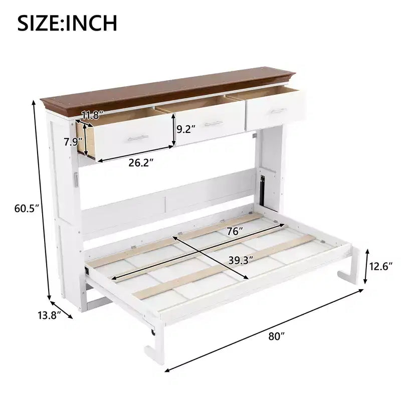 Twin Size Murphy Bed with 3 Drawers, Folding Wall Cabinet Bed, White