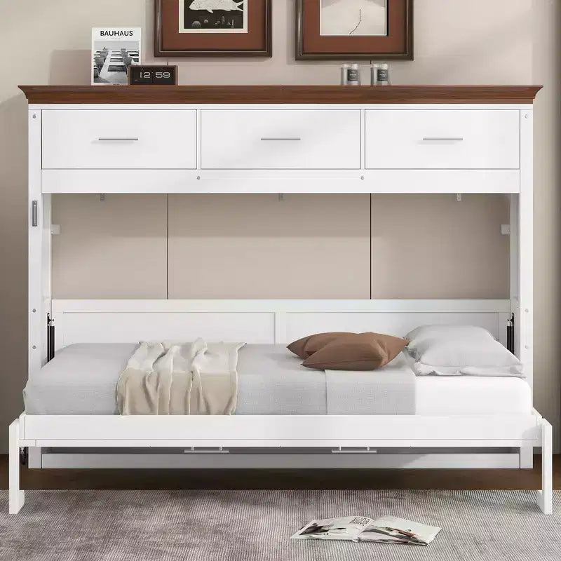 Twin Size Murphy Bed with 3 Drawers, Folding Wall Cabinet Bed, White