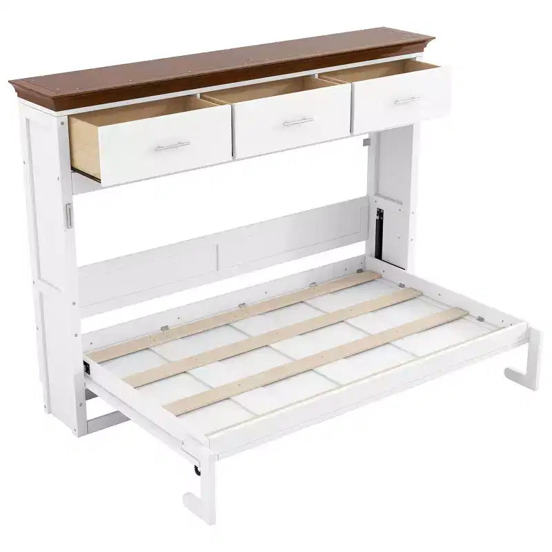 Twin Size Murphy Bed with 3 Drawers, Folding Wall Cabinet Bed, White