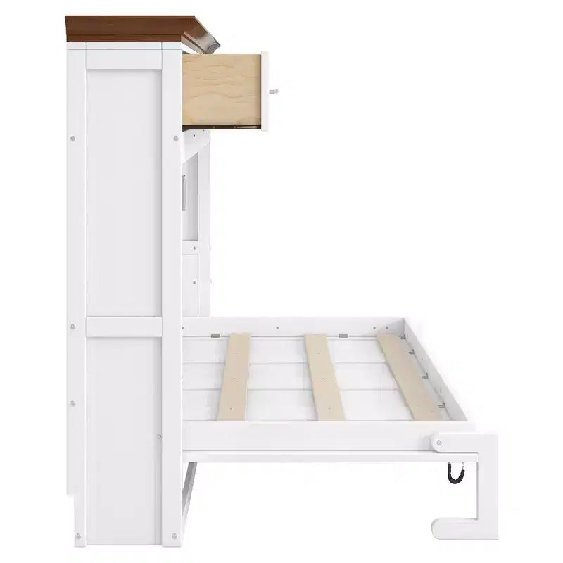 Twin Size Murphy Bed with 3 Drawers, Folding Wall Cabinet Bed, White