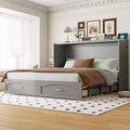 Queen Size Murphy Bed Wall Bed with Drawers, Wooden Murphy Bed Chest with Sockets & USB Ports, Pulley Structure Design, Gray