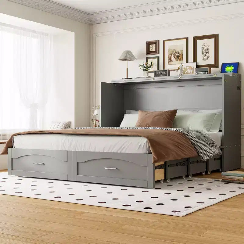 Queen Size Murphy Bed Wall Bed with Drawers, Wooden Murphy Bed Chest with Sockets & USB Ports, Pulley Structure Design, Gray