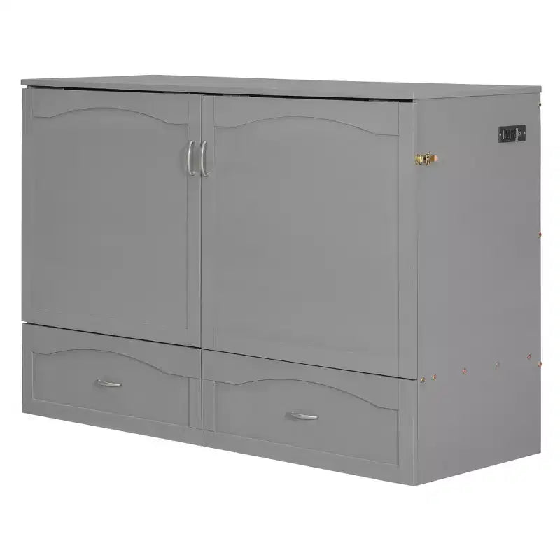 Queen Size Murphy Bed Wall Bed with Drawers, Sockets & USB Ports, Pulley Structure, Gray