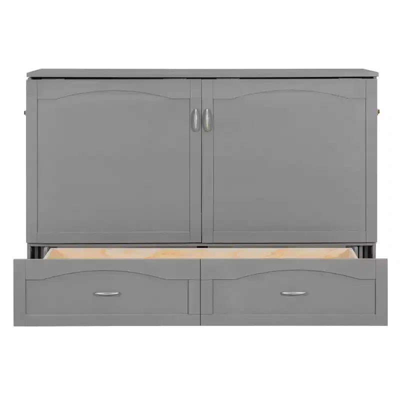 Queen Size Murphy Bed Wall Bed with Drawers, Sockets & USB Ports, Pulley Structure, Gray