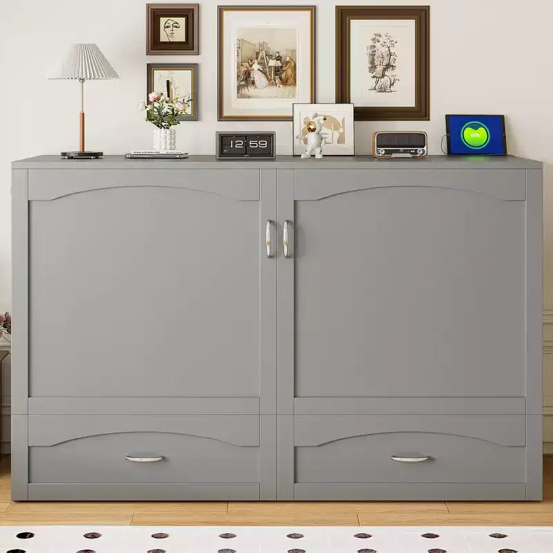 Queen Size Murphy Bed Wall Bed with Drawers, Sockets & USB Ports, Pulley Structure, Gray