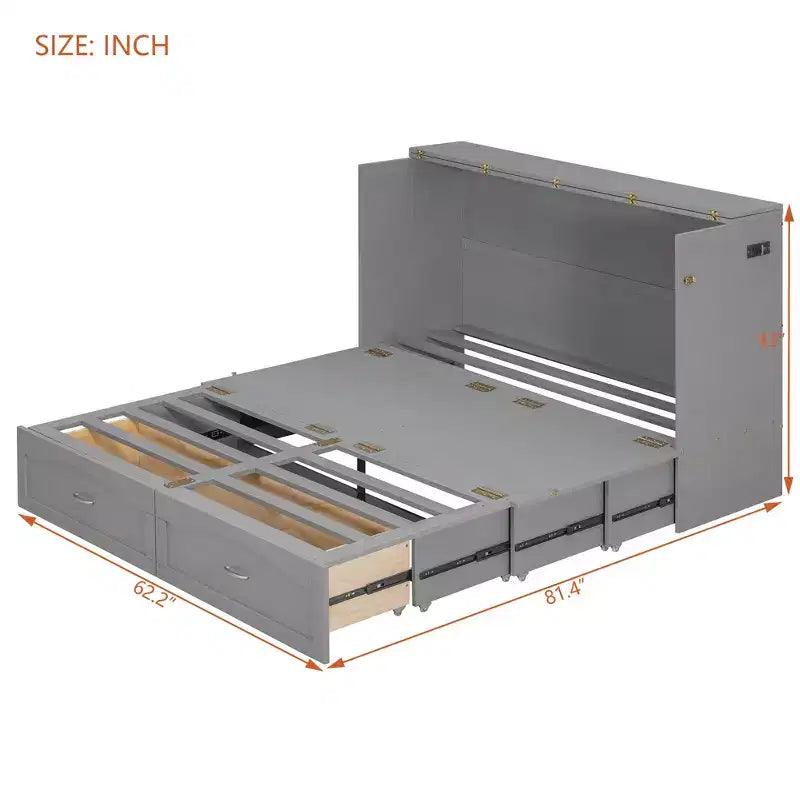 Queen Size Murphy Bed Wall Bed with Drawers, Sockets & USB Ports, Pulley Structure, Gray