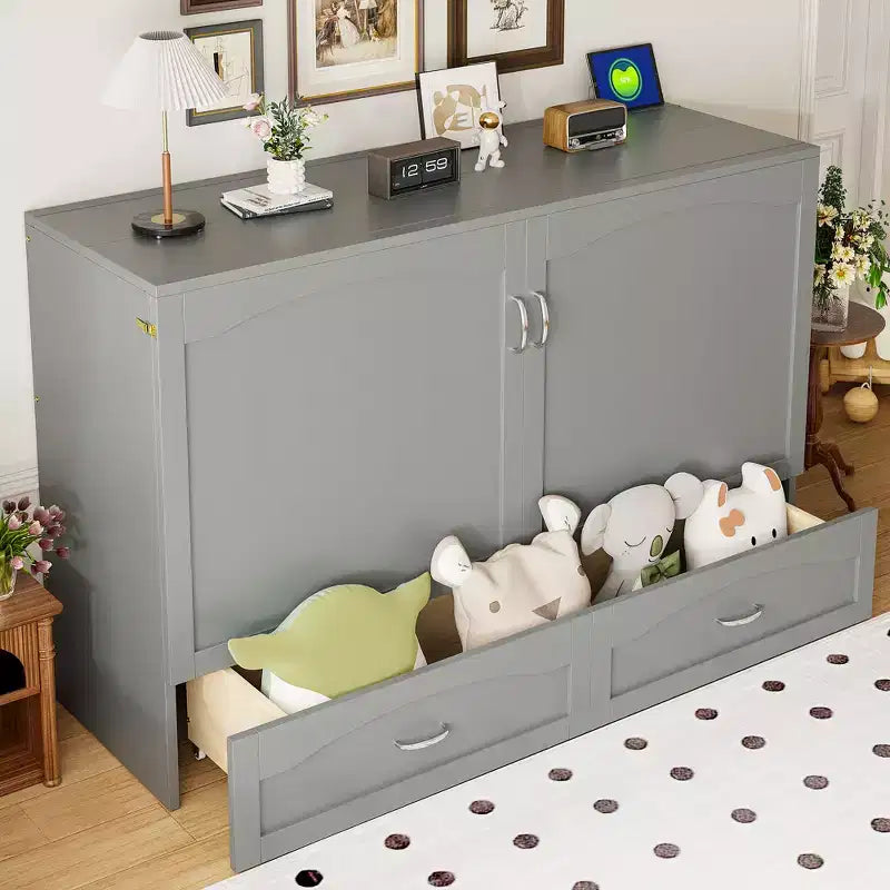 Queen Size Murphy Bed Wall Bed with Drawers, Sockets & USB Ports, Pulley Structure, Gray