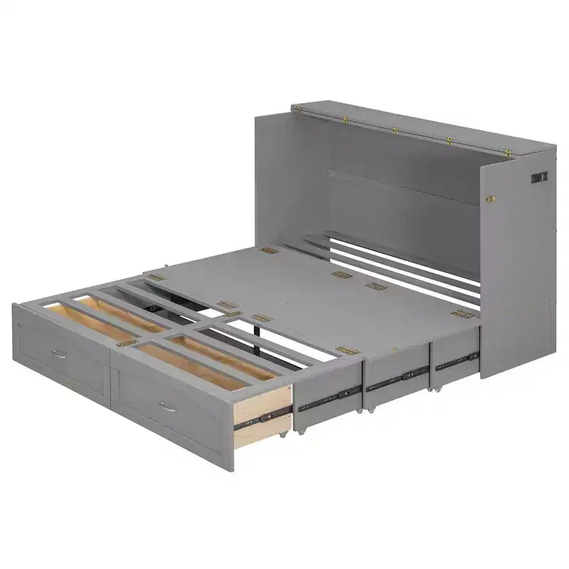 Queen Size Murphy Bed Wall Bed with Drawers, Sockets & USB Ports, Pulley Structure, Gray