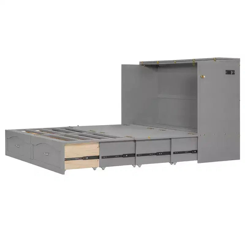 Queen Size Murphy Bed Wall Bed with Drawers, Sockets & USB Ports, Pulley Structure, Gray