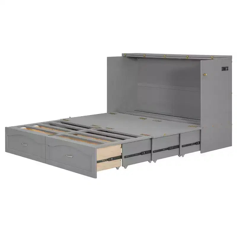 Queen Size Murphy Bed Wall Bed with Drawers, Sockets & USB Ports, Pulley Structure, Gray