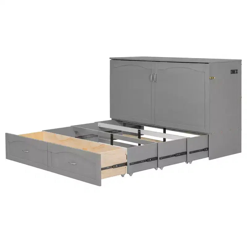 Queen Size Murphy Bed Wall Bed with Drawers, Sockets & USB Ports, Pulley Structure, Gray