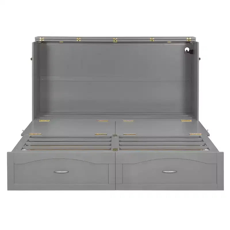 Queen Size Murphy Bed Wall Bed with Drawers, Sockets & USB Ports, Pulley Structure, Gray