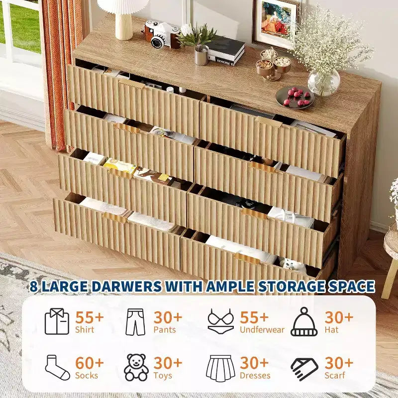 8 Drawer Dresser for Bedroom – Large Fluted Chest of Drawers, Storage Cabinet for Bedroom & Living Room