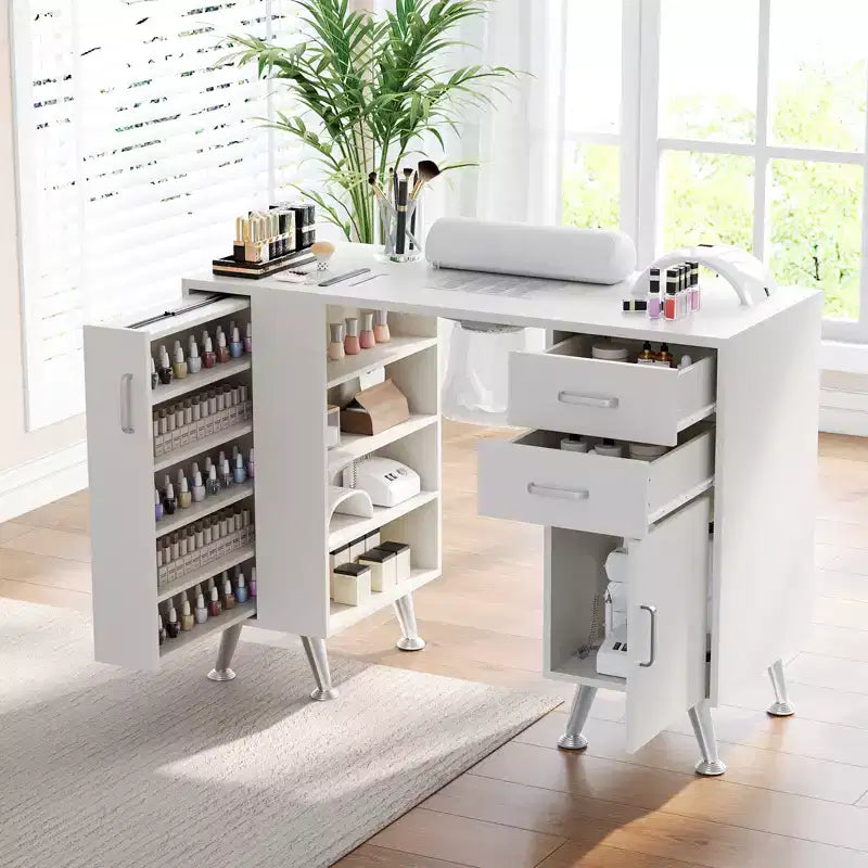 42'' Manicure Table for Nail Tech with Dust Collector and Wrist Rest, Nail Desk with Vertical Pull-Out Locker, 1 Storage Cabinet, 2 Drawers