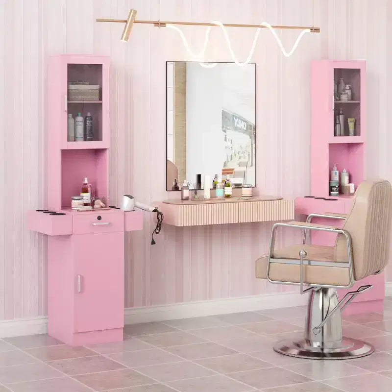 Salon Station for Hair Stylist - Hair Styling Storage Cabinet with Glass Door Pink