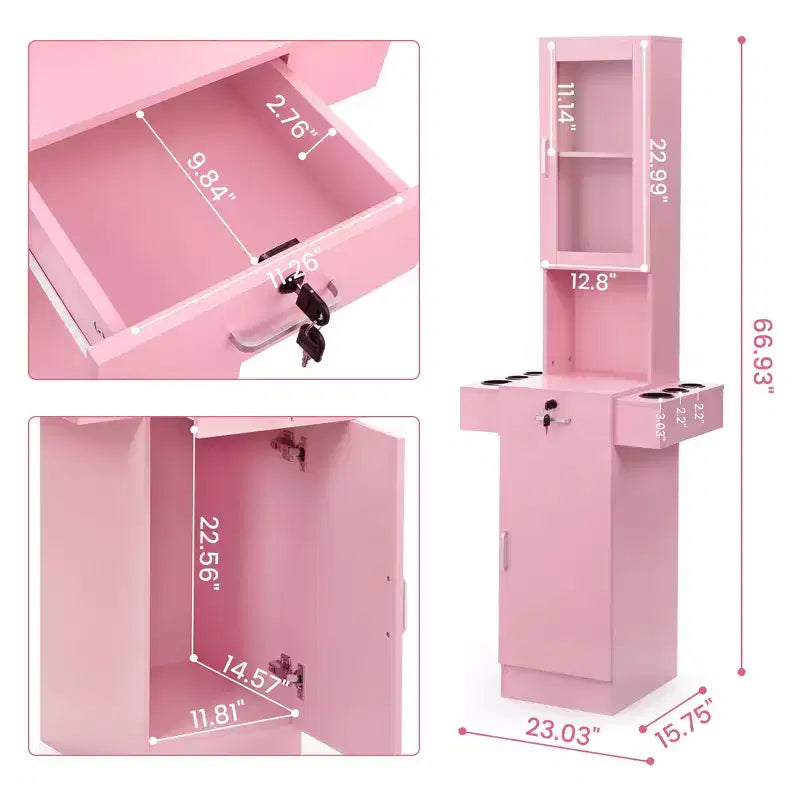 Salon Station for Hair Stylist - Hair Styling Storage Cabinet with Glass Door Pink