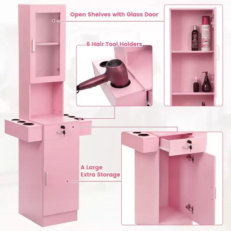 Salon Station for Hair Stylist - Hair Styling Storage Cabinet with Glass Door Pink