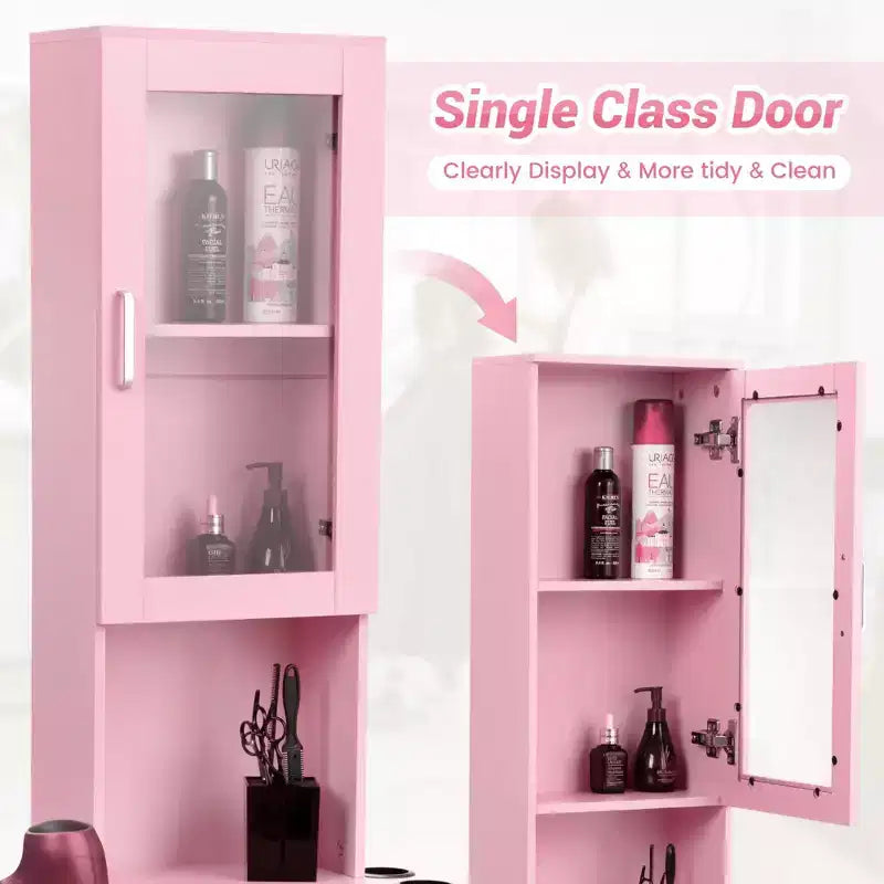 Salon Station for Hair Stylist - Hair Styling Storage Cabinet with Glass Door Pink
