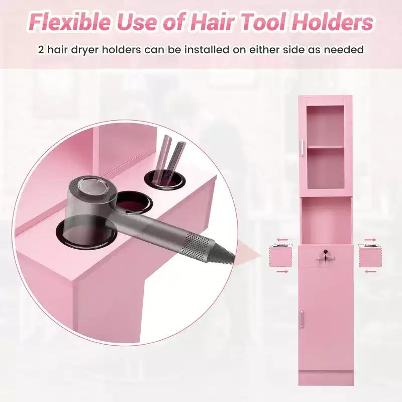 Salon Station for Hair Stylist - Hair Styling Storage Cabinet with Glass Door Pink
