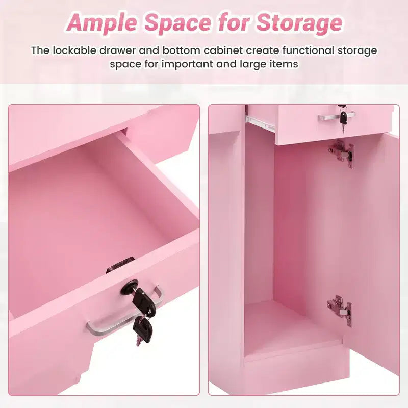 Salon Station for Hair Stylist - Hair Styling Storage Cabinet with Glass Door Pink