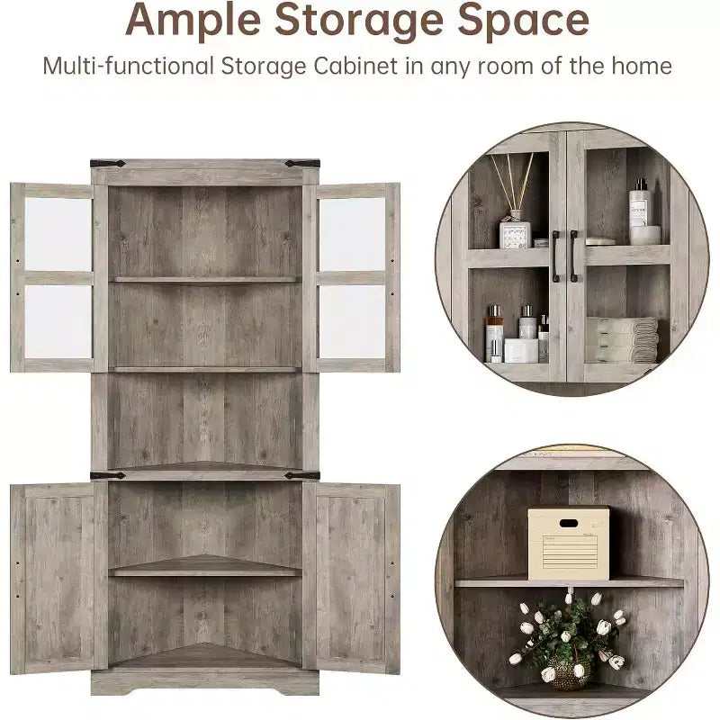 67 in Tall Corner Storage Cabinet with Lights, Corner Hutch Display Cabinet with Glass Doors, Wooden Storage Organizer for Kitchen