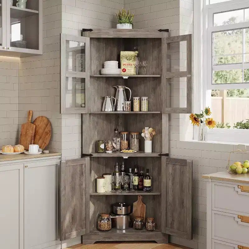 67 in Tall Corner Storage Cabinet with Lights, Corner Hutch Display Cabinet with Glass Doors, Wooden Storage Organizer for Kitchen