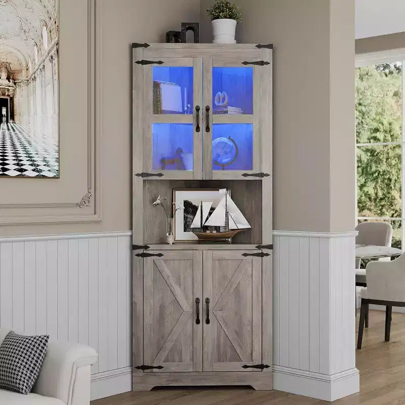 67 in Tall Corner Storage Cabinet with Lights, Corner Hutch Display Cabinet with Glass Doors, Wooden Storage Organizer for Kitchen