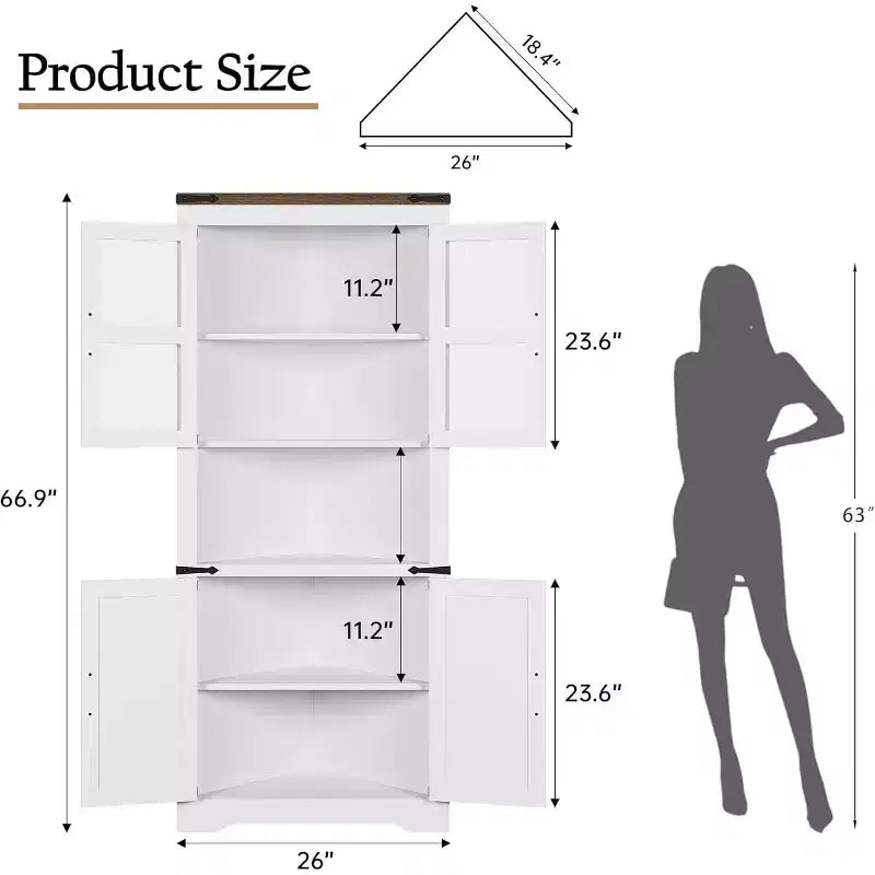 67 in Tall Corner Storage Cabinet with Lights, Corner Hutch Display Cabinet with Glass Doors, Wooden Storage Organizer for Kitchen