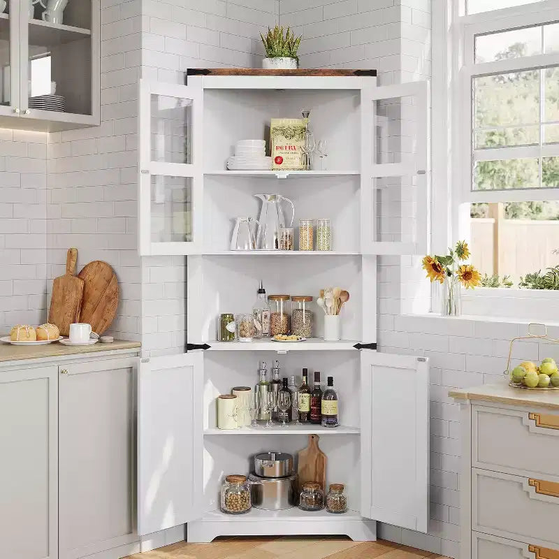 67 in Tall Corner Storage Cabinet with Lights, Corner Hutch Display Cabinet with Glass Doors, Wooden Storage Organizer for Kitchen