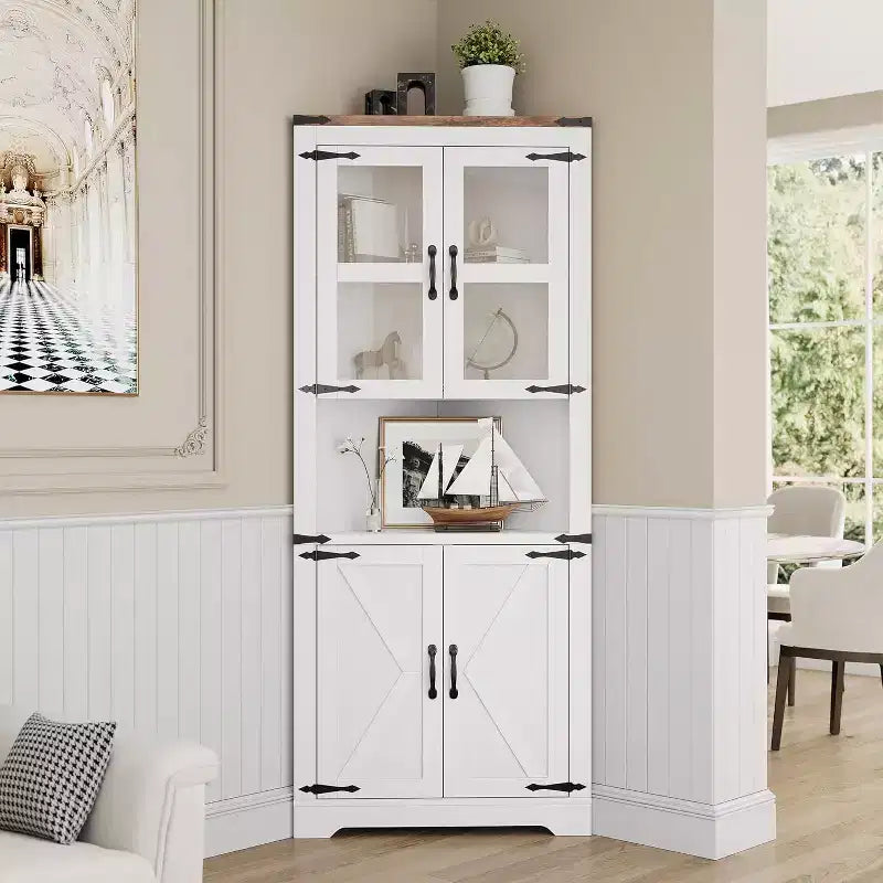 67 in Tall Corner Storage Cabinet with Lights, Corner Hutch Display Cabinet with Glass Doors, Wooden Storage Organizer for Kitchen