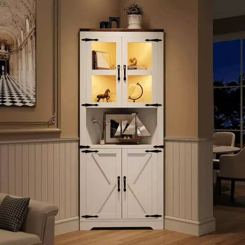 67 in Tall Corner Storage Cabinet with Lights, Corner Hutch Display Cabinet with Glass Doors, Wooden Storage Organizer for Kitchen