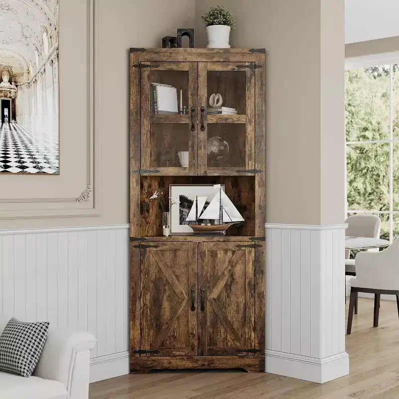 67 in Tall Corner Storage Cabinet with Lights, Corner Hutch Display Cabinet with Glass Doors, Wooden Storage Organizer for Kitchen