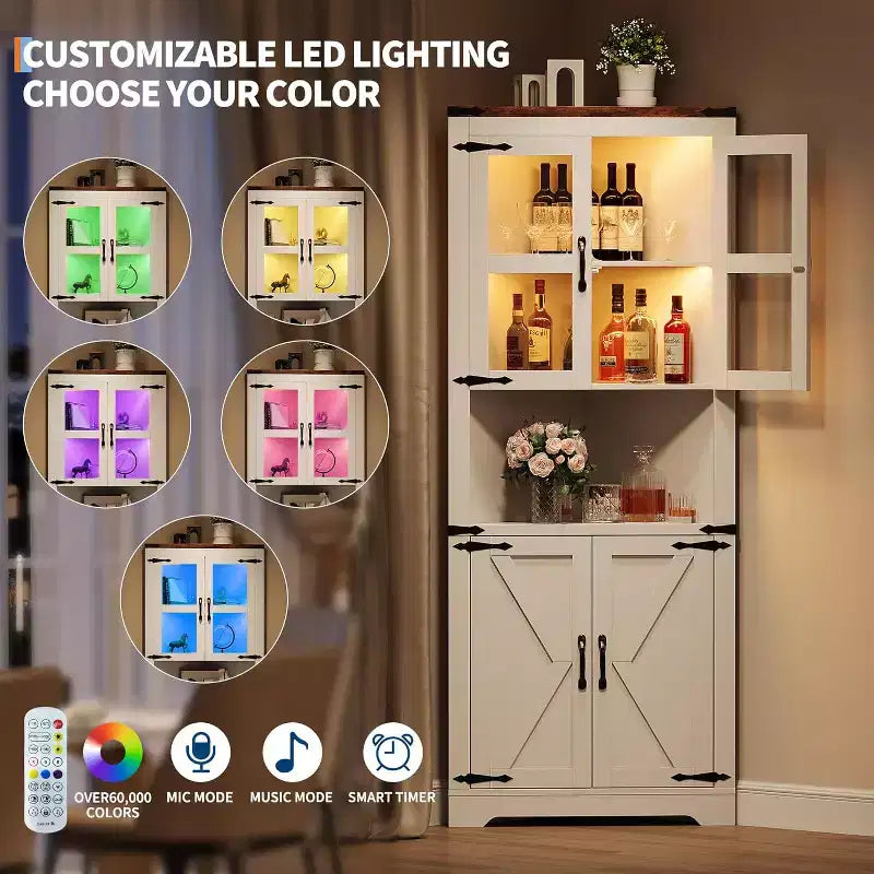 67 in Tall Corner Storage Cabinet with Lights, Corner Hutch Display Cabinet with Glass Doors, Wooden Storage Organizer for Kitchen