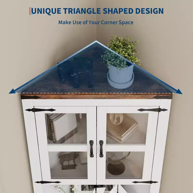 67 in Tall Corner Storage Cabinet with Lights, Corner Hutch Display Cabinet with Glass Doors, Wooden Storage Organizer for Kitchen