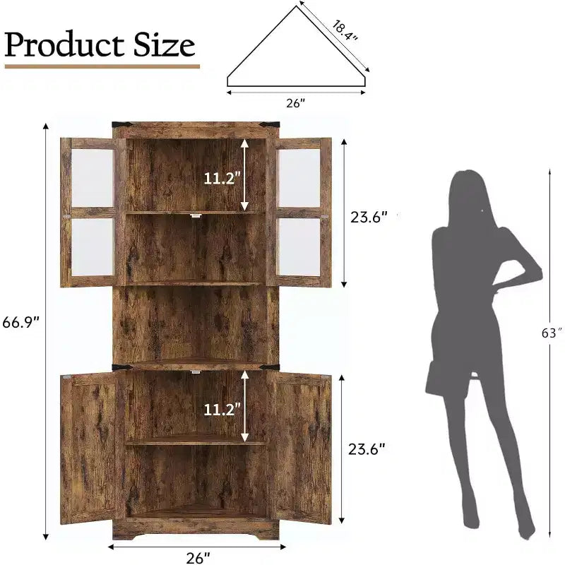 67 in Tall Corner Storage Cabinet with Lights, Corner Hutch Display Cabinet with Glass Doors, Wooden Storage Organizer for Kitchen