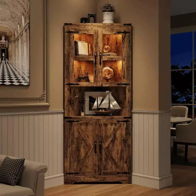 67 in Tall Corner Storage Cabinet with Lights, Corner Hutch Display Cabinet with Glass Doors, Wooden Storage Organizer for Kitchen