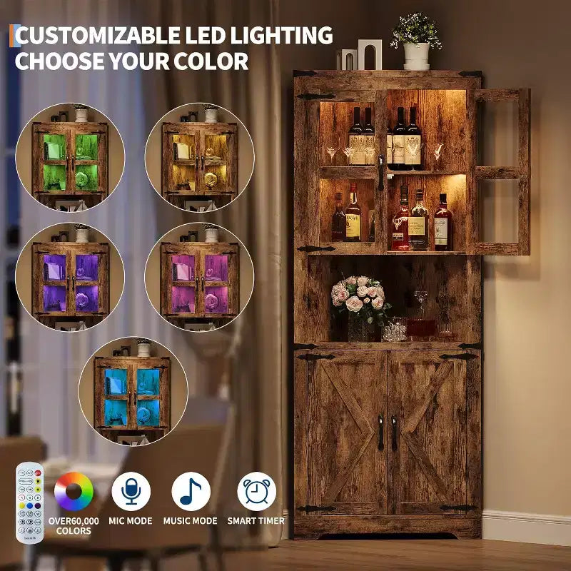 67 in Tall Corner Storage Cabinet with Lights, Corner Hutch Display Cabinet with Glass Doors, Wooden Storage Organizer for Kitchen