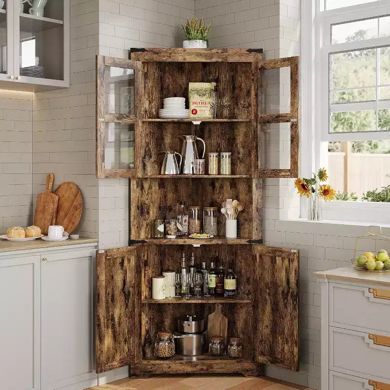 67 in Tall Corner Storage Cabinet with Lights, Corner Hutch Display Cabinet with Glass Doors, Wooden Storage Organizer for Kitchen