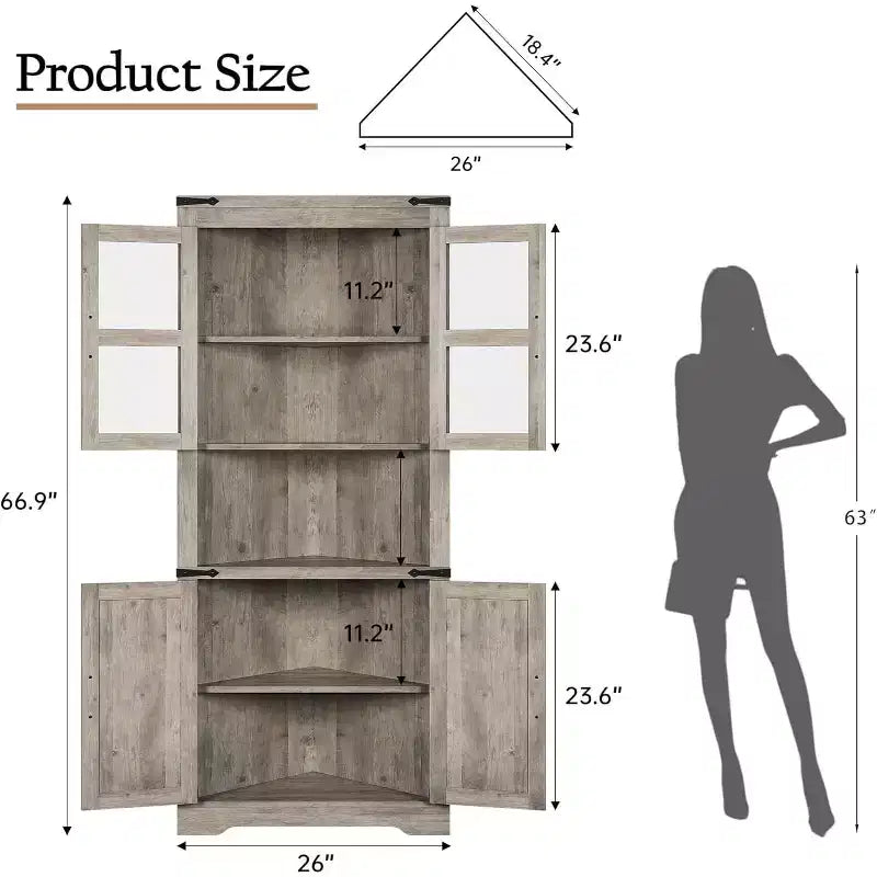 67 in Tall Corner Storage Cabinet with Lights, Corner Hutch Display Cabinet with Glass Doors, Wooden Storage Organizer for Kitchen