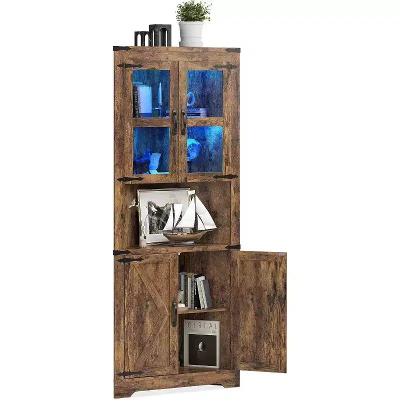 67 in Tall Corner Storage Cabinet with Lights, Farmhouse Corner Hutch Display Cabinet with Glass Doors, Wooden Storage Organizer for Kitchen