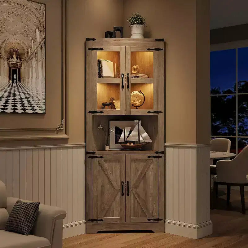 67 in Tall Corner Storage Cabinet with Lights, Corner Hutch Display Cabinet with Glass Doors, Wooden Storage Organizer for Kitchen