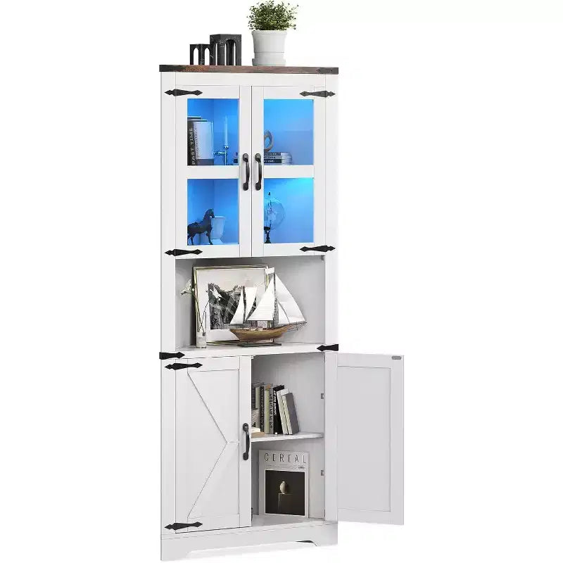 67 in Tall Corner Storage Cabinet with Lights, Corner Hutch Display Cabinet with Glass Doors, Wooden Storage Organizer for Kitchen